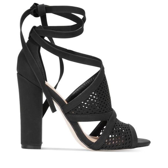 Black Lace Up Block Heel Peep Toe Sandal - Picture 4 of 5